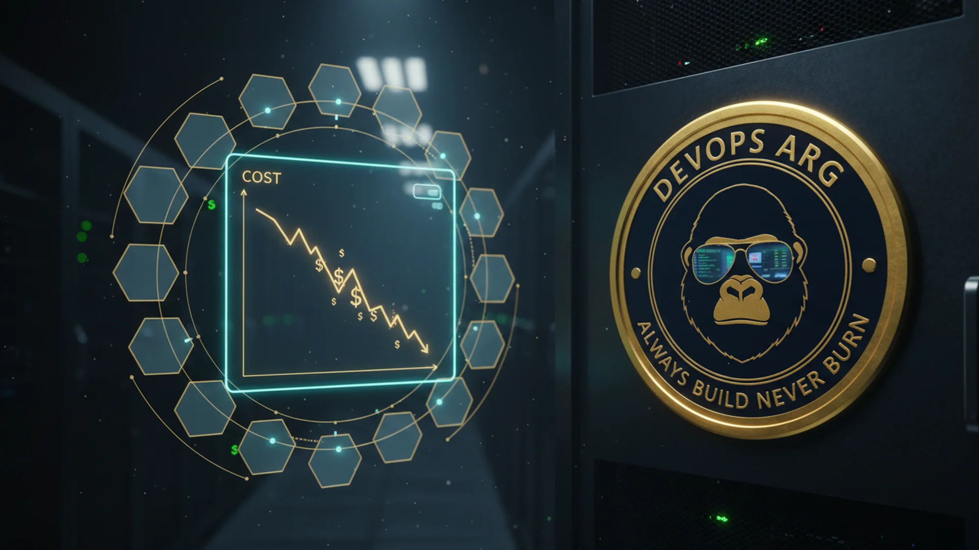 Ilustración isométrica plana de un engineer chateando con un asistente de IA FinOps en una laptop, un badge circular DEVOPS ARG con gorilla en la pared, paleta navy y dorado con tiles de región conectados por flujos de datos dorados